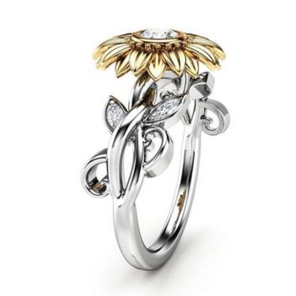 NEW 18K White&Yellow Gold Diamond Sunflower Ring B - Picture 1 of 5